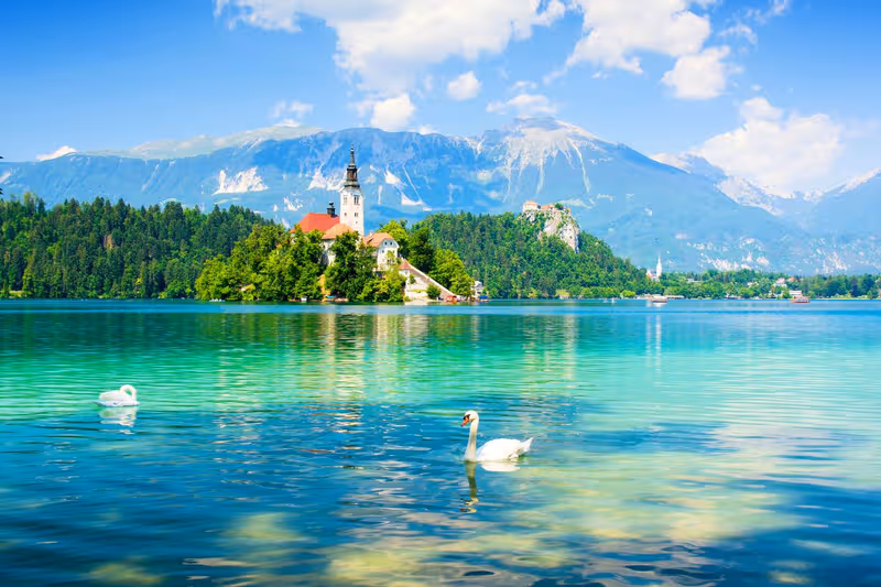 The exterior of Bled Castle on a sunny day.